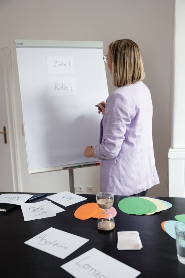 Anja an einem Flipchart während eines Workshops, auf dem Tisch Moderationskarten